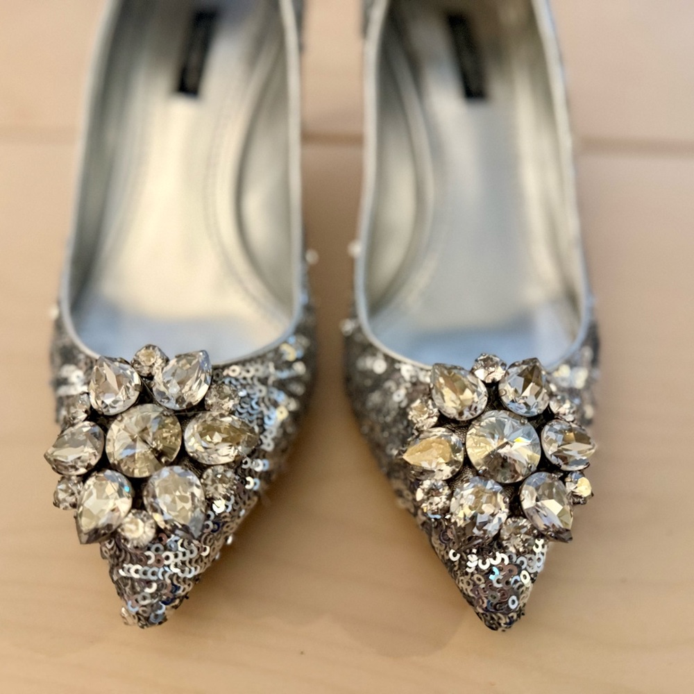 Dolce & Gabbana Silver Sequin Pointed Toe Pumps with Crystal Brooch